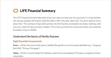 LIFE Financial Summary screenshot.